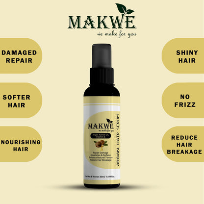 MAKWE Argan Hair Serum for Women & Men, All Hair Types,Smooth, Frizz free & Glossy Hair, With Moroccan Argan Oil & Vitamin E, 50 ml