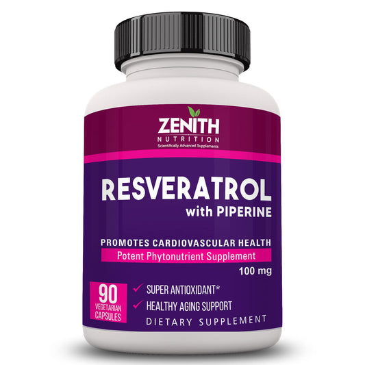 Zenith Nutrition Resveratrol with Piperine 100mg - 90 Veg Capsules | Super Antioxidant | Promotes Cardiovascular Health