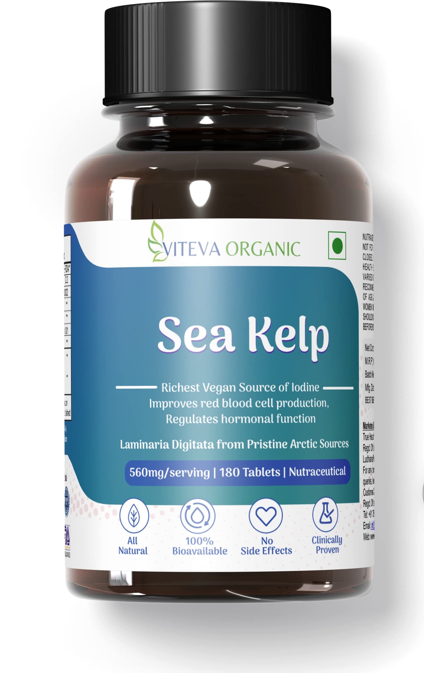 Viteva Organic Sea Kelp 187mg 150ug Iodine - Pack of 180 Tablets | Geothermally Dried Pure Laminaria Digitata | Richest Vegan Source of Iodine