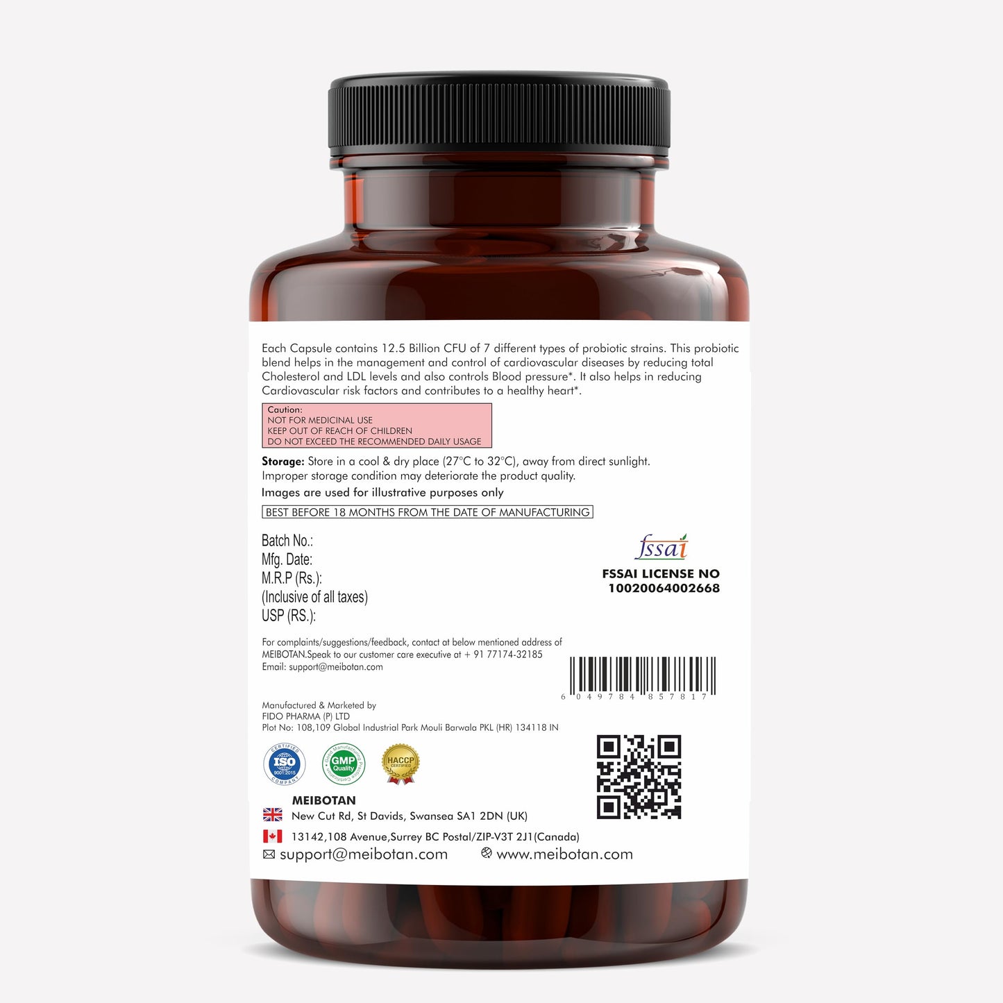 Meibotan #India First Probiotics Blend 12.5 Billion 7 different types of Probiotics Scientifically dvascular diseases 60 Veg Capsule for (Men & Women)