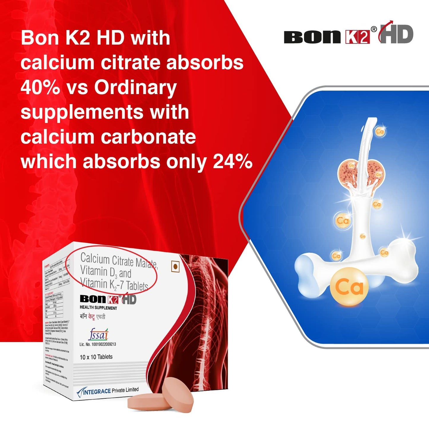 Bon K2 HD with Advanced Calcium – 200 Tablets| Enriched with Calcium Citrate Malate, Vitamin D3 and min K2-7, Multivitamin supplements for Men & Women