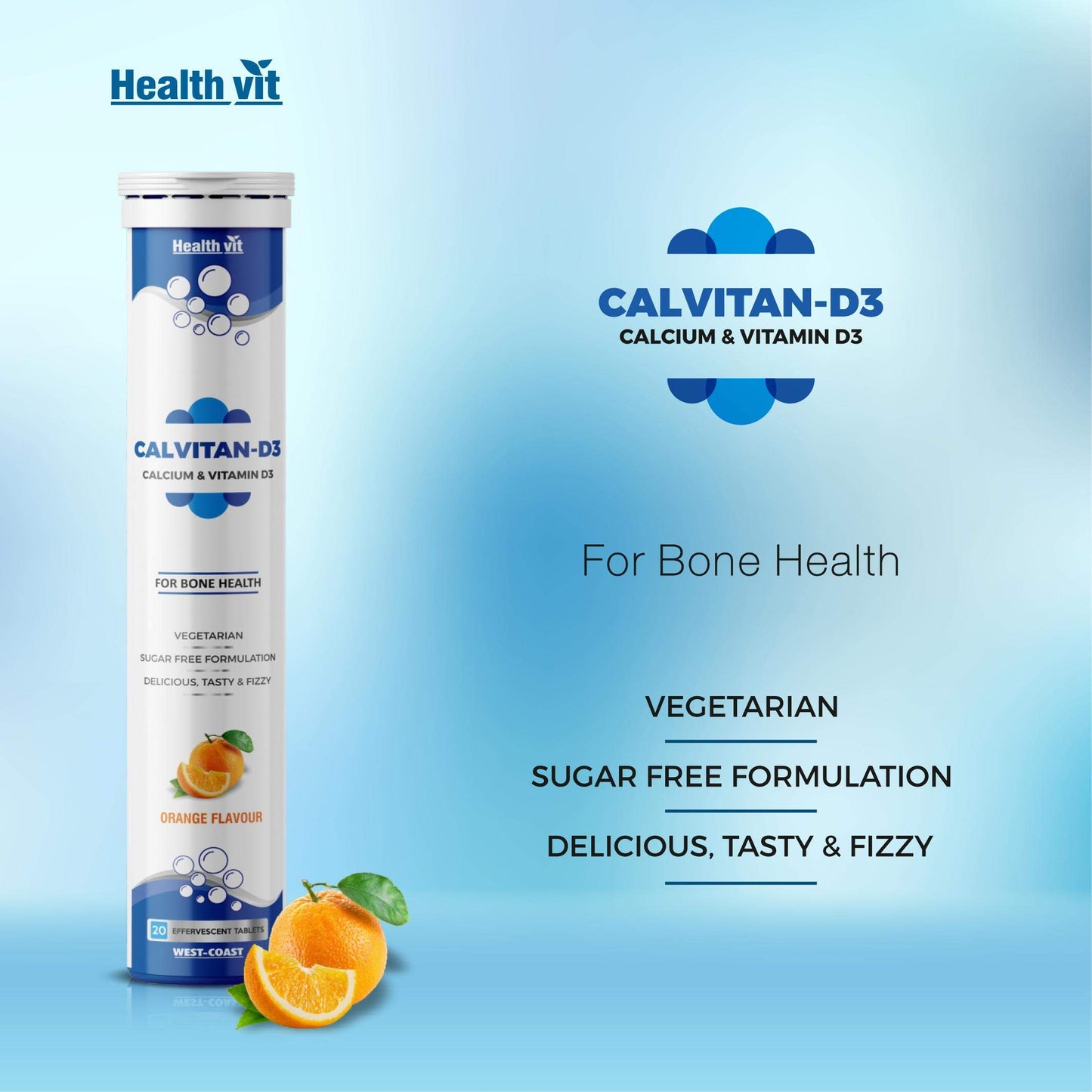 Healthvit Calvitan-D3 Calcium 500mg & Vitamin D3 400IU | For Healthy Bone And Joints | Sugar Free 20 Effervescent Tablets (Orange Flavor)