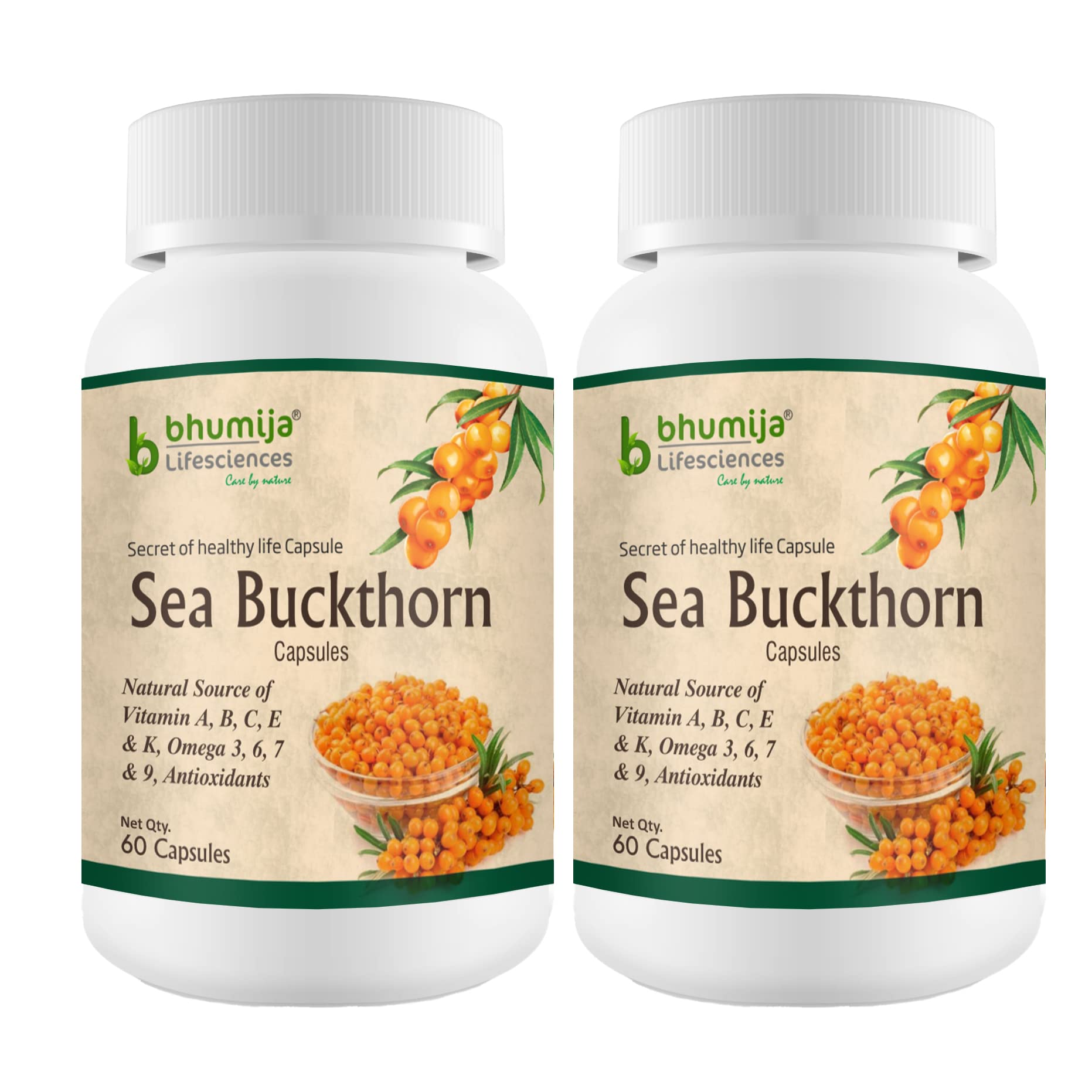 Bhumija Lifesciences Berry Extract Sea Buckthorn Capsules Antioxidant Supplement & Immunity Booster Omega 3, 6, 7, 9- (60 Capsules, 500MG | Pack of 2)