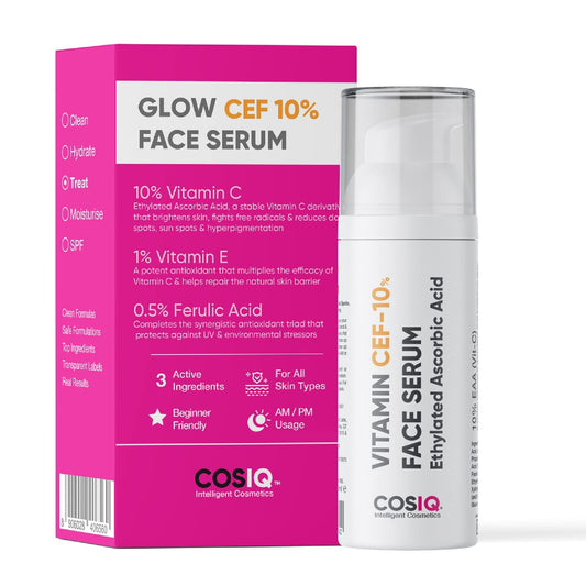 Cos-IQ 10% Vitamin C Face Serum With Vit E, & Ferulic Acid | Safe and Effective Skin Brightening Serum for Glowing Skin | 30ml