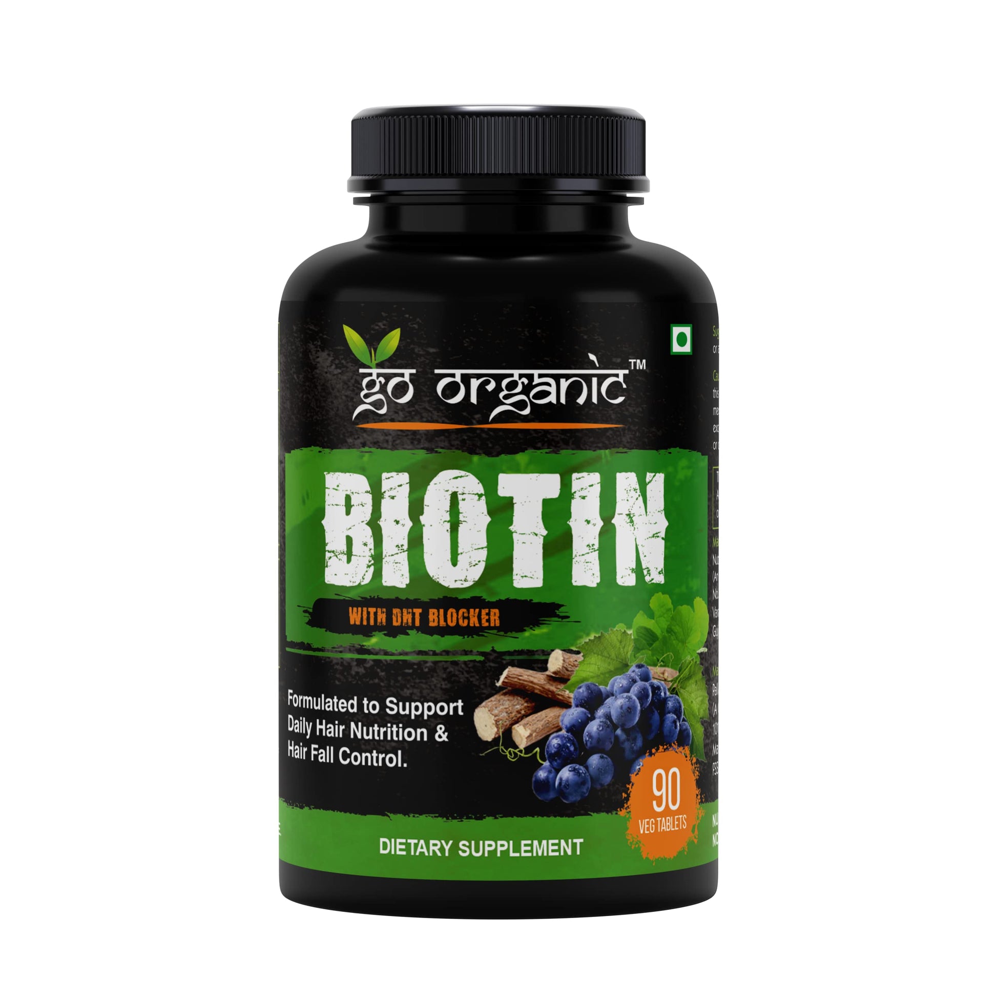 Go Organic Plant Based Biotin 10000 mcg With DHT Blocker (Rosemary Extract, Beta sitosterol, Pumpkinin) for good looking Hair, 90 Capsules (Pack Of 1)