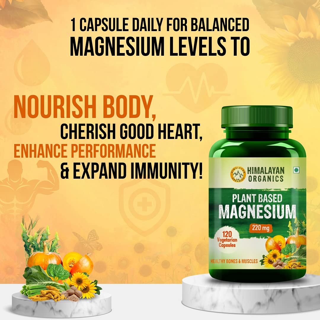 Himalayan Organics Plant Based Magnesium Supplement 1360mg With Turmeric Spirulina, Wheatgrass, Mori Bone Health | Boost Energy Level - 60 Veg Tablets