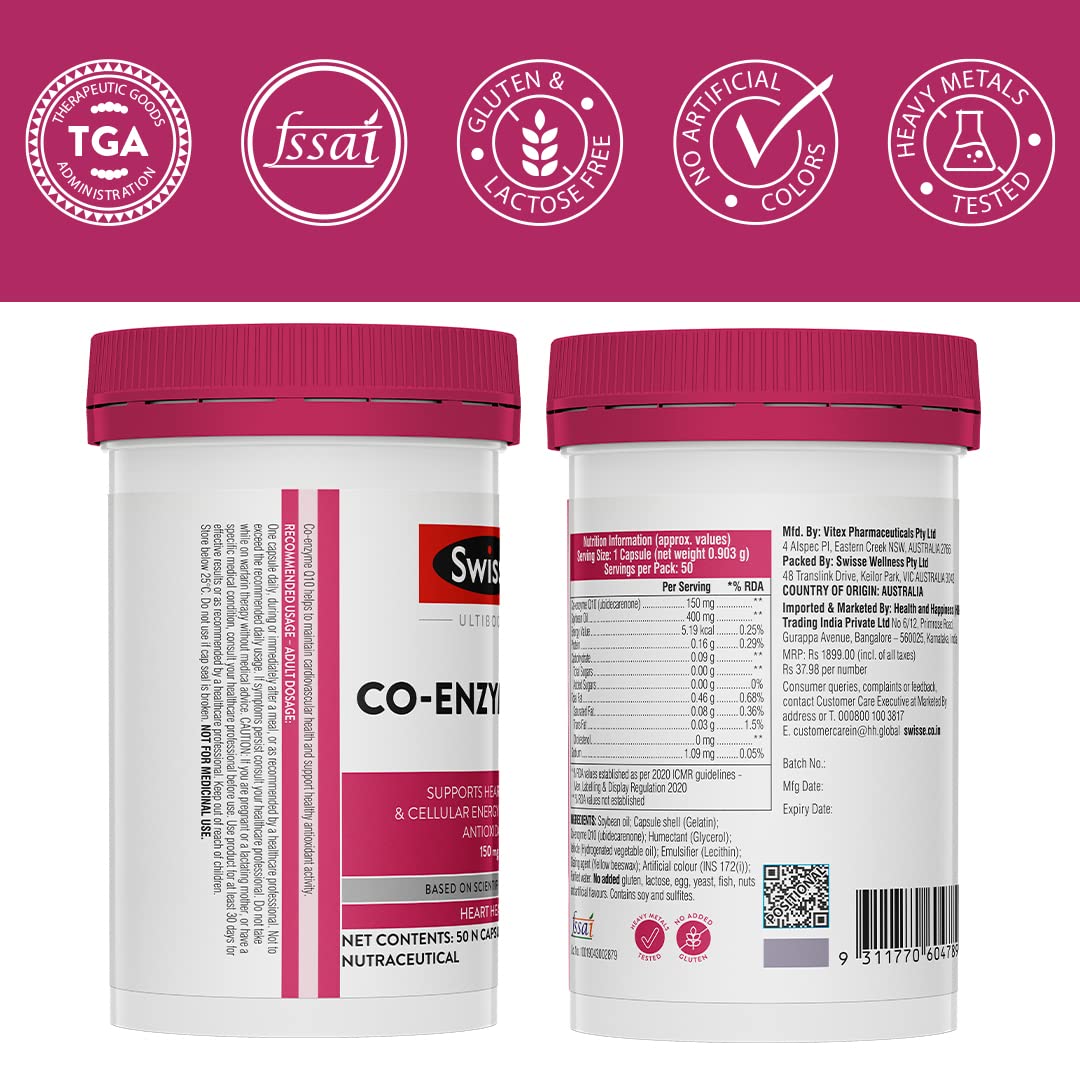 Swisse Coenzyme Q10, 150mg CoQ10 Supplement - Highest Strength CoQ10 In Single Capsule (Manufacturedorption for Heart & Energy Metabolism - 50 Tablets