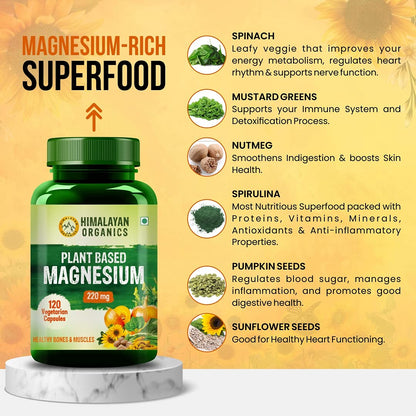 Himalayan Organics Plant Based Magnesium Supplement 1360mg With Turmeric Spirulina, Wheatgrass, Mori Bone Health | Boost Energy Level - 60 Veg Tablets