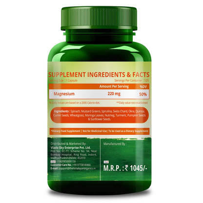 Himalayan Organics Plant Based Magnesium Supplement 1360mg With Turmeric Spirulina, Wheatgrass, Mori Bone Health | Boost Energy Level - 60 Veg Tablets