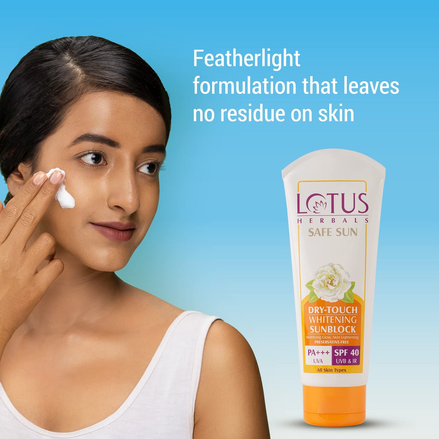 Lotus Safe Sun Dry Touch Whitening Sunscreen SPF 40 PA+++, UVA, UVB & IR Protection, Skin Brightenin Preservatives Free, No white cast , Non-Oily, 50g