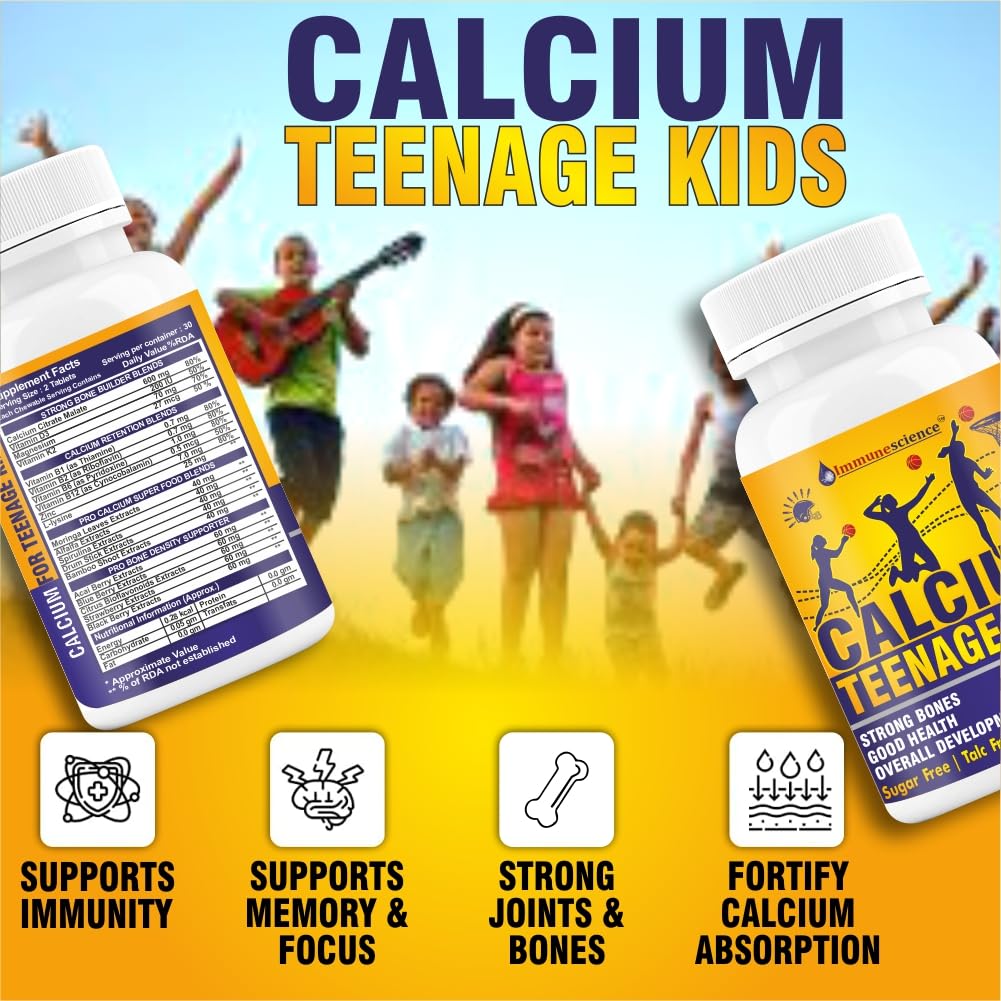 Immunescience Calcium For Kids With Vitamin D (as d3), Magnesium, Zinc, Vit C, B12, K2, L-lysine andones & Growth 120 Kid Chewable Tablets (10-16 yrs)