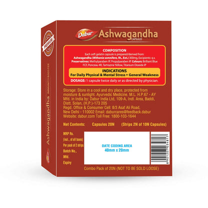 Dabur Ashwagandha Capsules Immunity Booster - 20 Capsules | 100% Ayurvedic | Relieves Stress & Increases Stamina | Immunity Booster