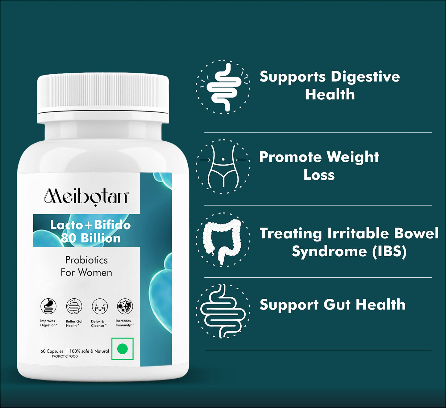 Meibotan Best Women Probiotics Designed by Scientist Lactobacillus with Bifidobacterium 16 Strains 8upport Detox & Cleanse 60 Veg Capsules (For Women)