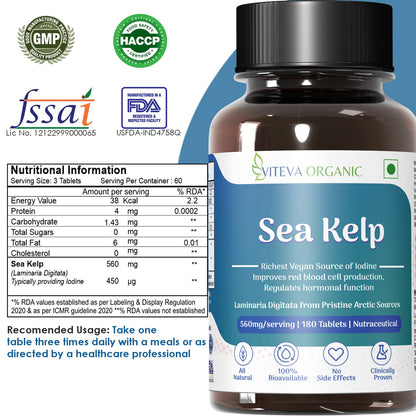 Viteva Organic Sea Kelp 187mg 150ug Iodine - Pack of 180 Tablets | Geothermally Dried Pure Laminaria Digitata | Richest Vegan Source of Iodine