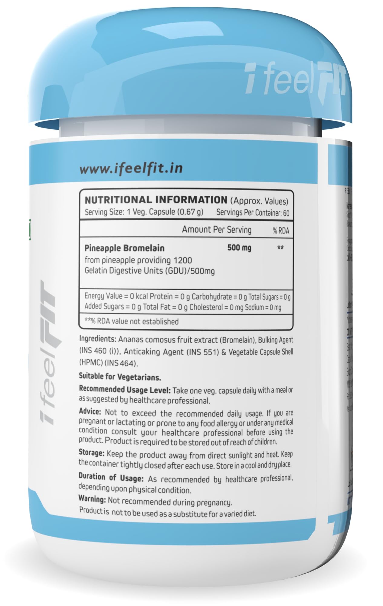 iFeelFIT Bromelain Digestive Enzyme from Pineapple - 2400 GDU/g - 500 mg - 60 Veg. Capsules - Vegan & Non-Gmo