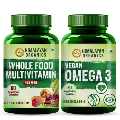 Himalayan Organics Whole Food Multivitamin for Men -60 Veg Capsules & Omega 3 6 9 Vegan Supplement for Muscle, Bone - 90 Veg Capsules (Combo pack)