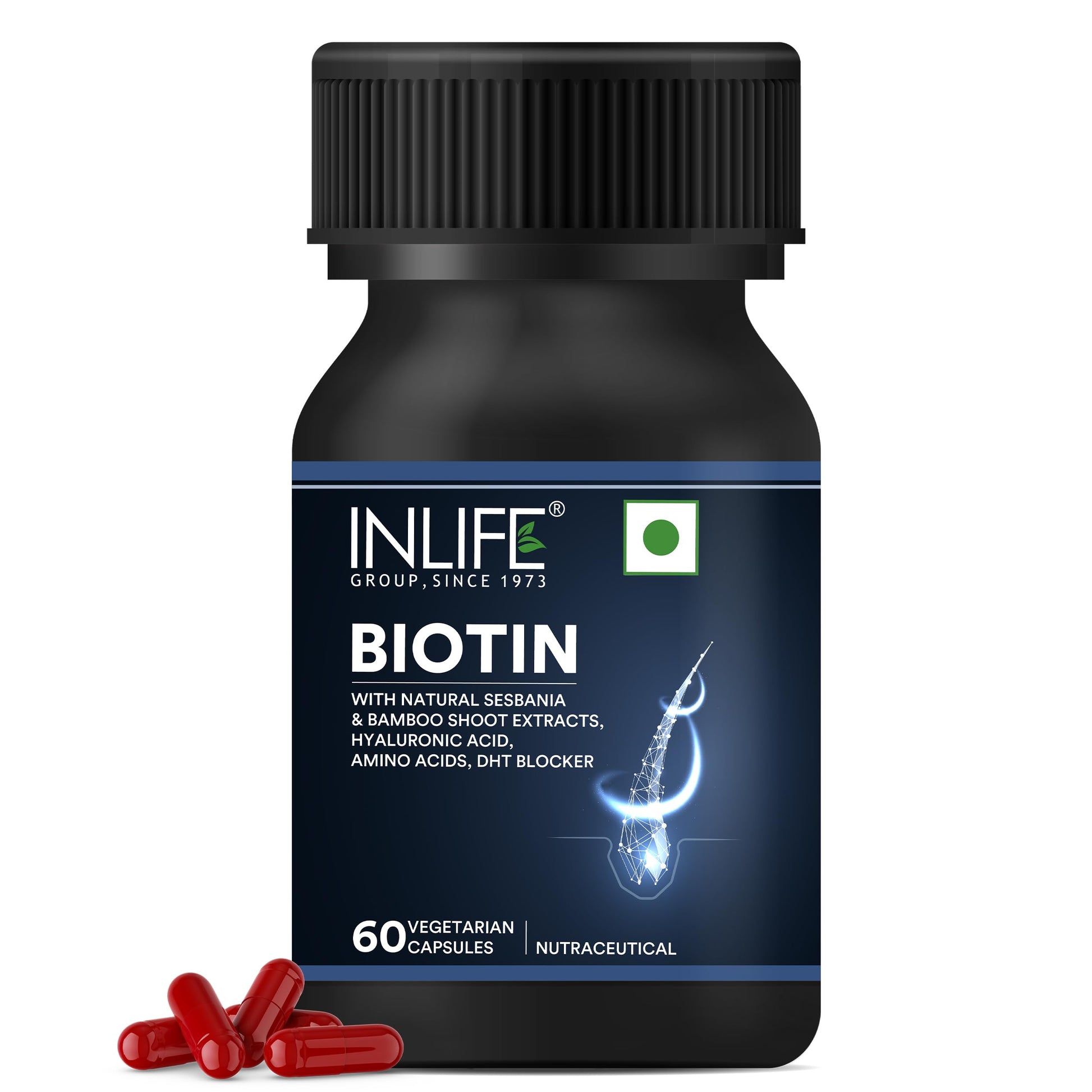 INLIFE Biotin Supplement for Hair | DHT Blocker with Sesbania, Bamboo Shoot, Bhringraj, Zinc, Vitamin - 60 Veg Capsules (Biotin with Herbs, Pack of 1)