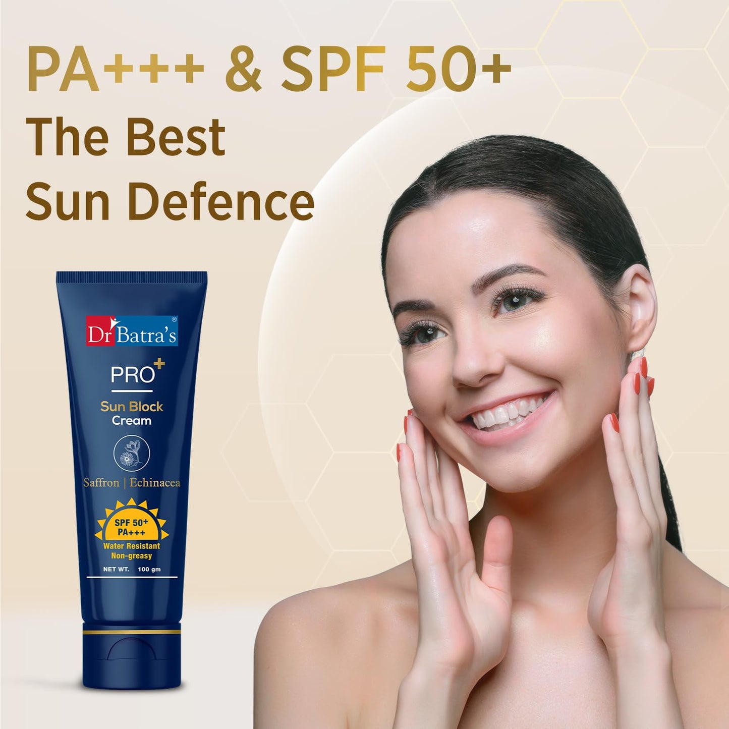 Dr Batra's Pro+ Sun Block Cream SPF 50++, Lightweight Enriched with Saffron and Aloe Vera -100 Gm