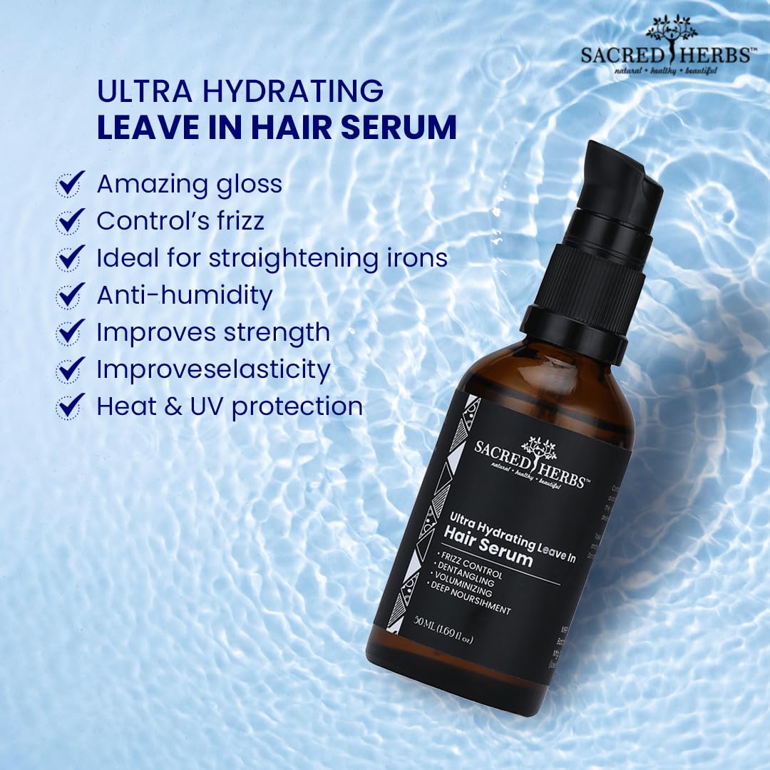 Sacred Herbs Ultra Hydrating Leave In Hair Serum (50Ml) | 100% Natural hair oil based serum for softssy, and frizz free hair | Paraben & Chemical Free