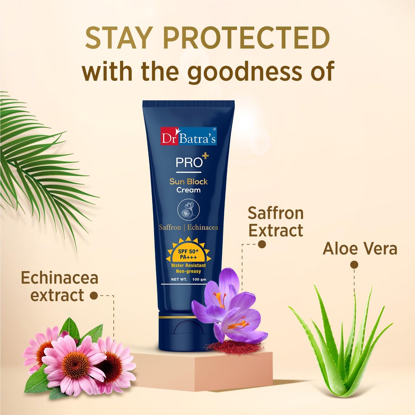 Dr Batra's Pro+ Sun Block Cream SPF 50++, Lightweight Enriched with Saffron and Aloe Vera -100 Gm