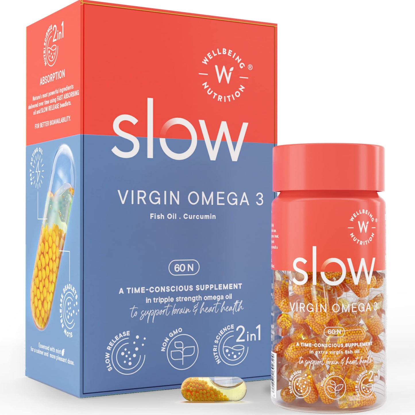 Wellbeing Nutrition Slow | Multivitamin and Fish Oil Combo | Plant Based | EPA, DHA & Curcumin (60x2 Capsules)