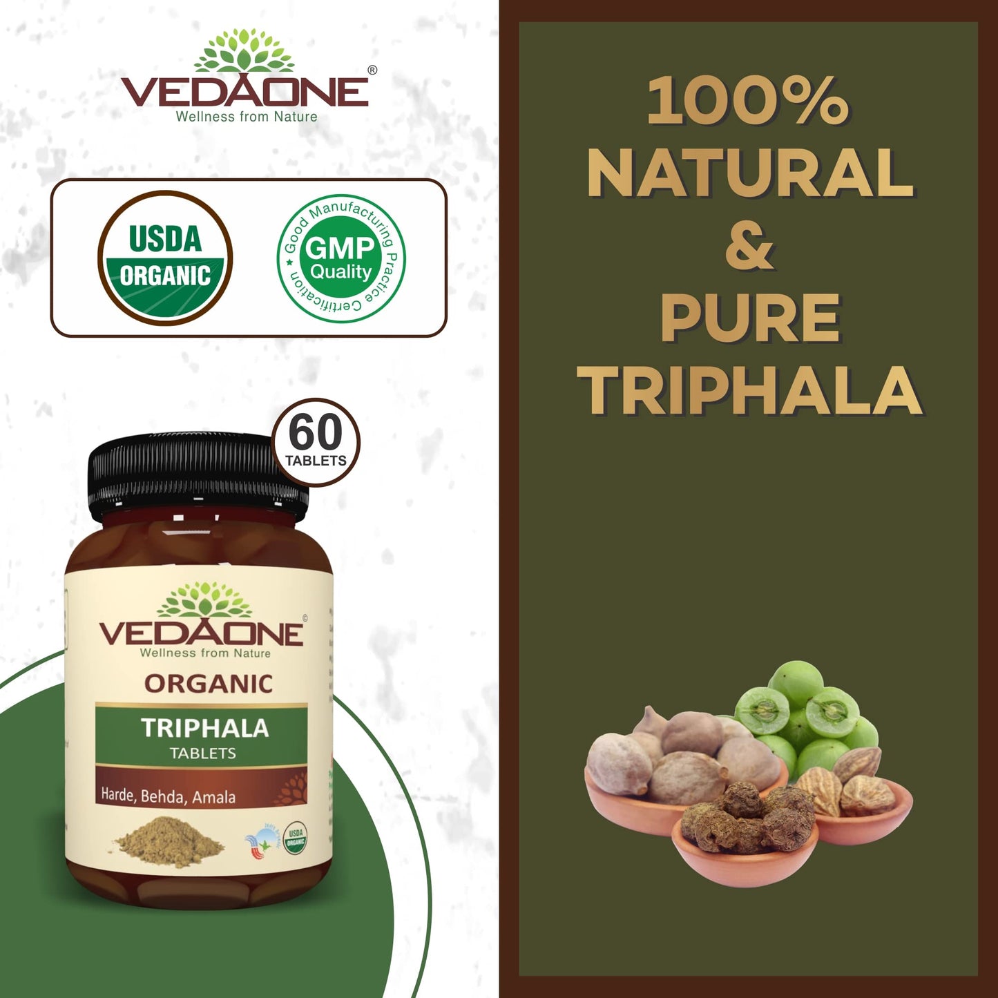 Vedaone USDA Organic Triphala (Amala+Harde+Behda) 750mg - 60 Tablets For Detoxification