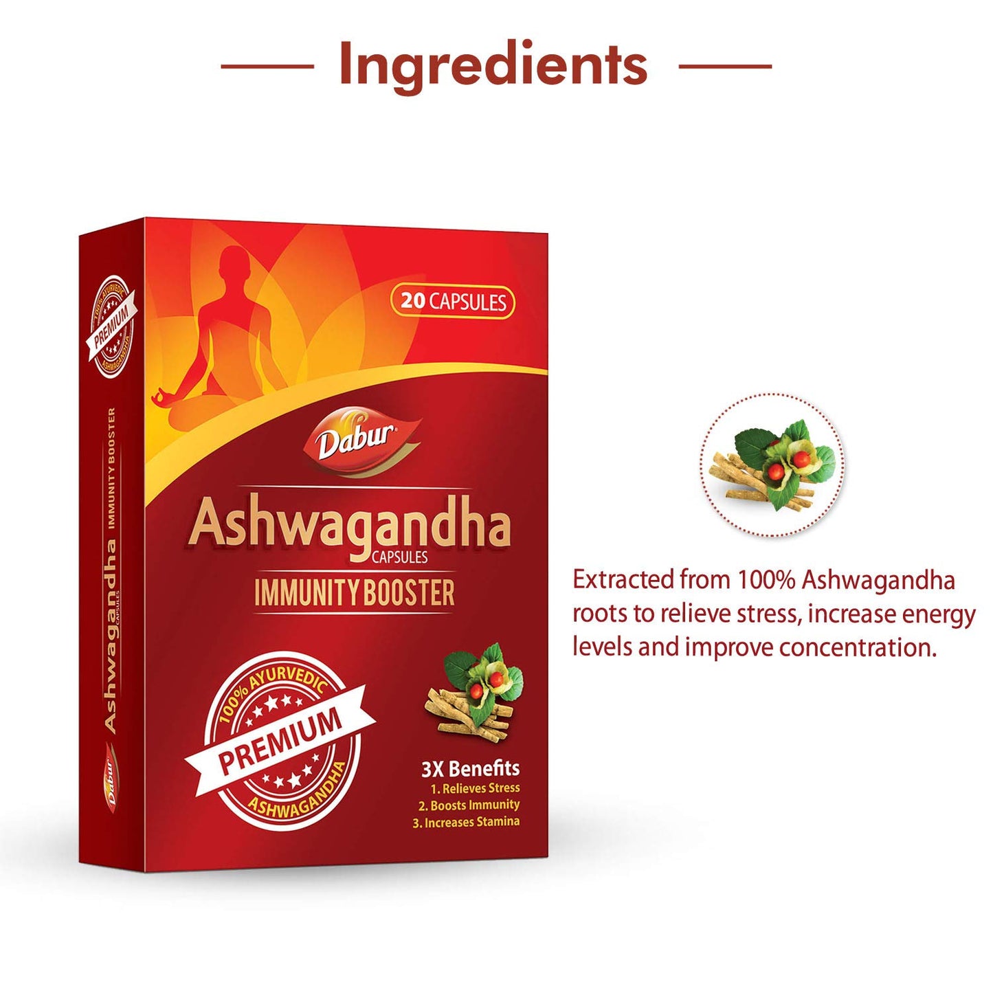 Dabur Ashwagandha Capsules Immunity Booster - 20 Capsules | 100% Ayurvedic | Relieves Stress & Increases Stamina | Immunity Booster