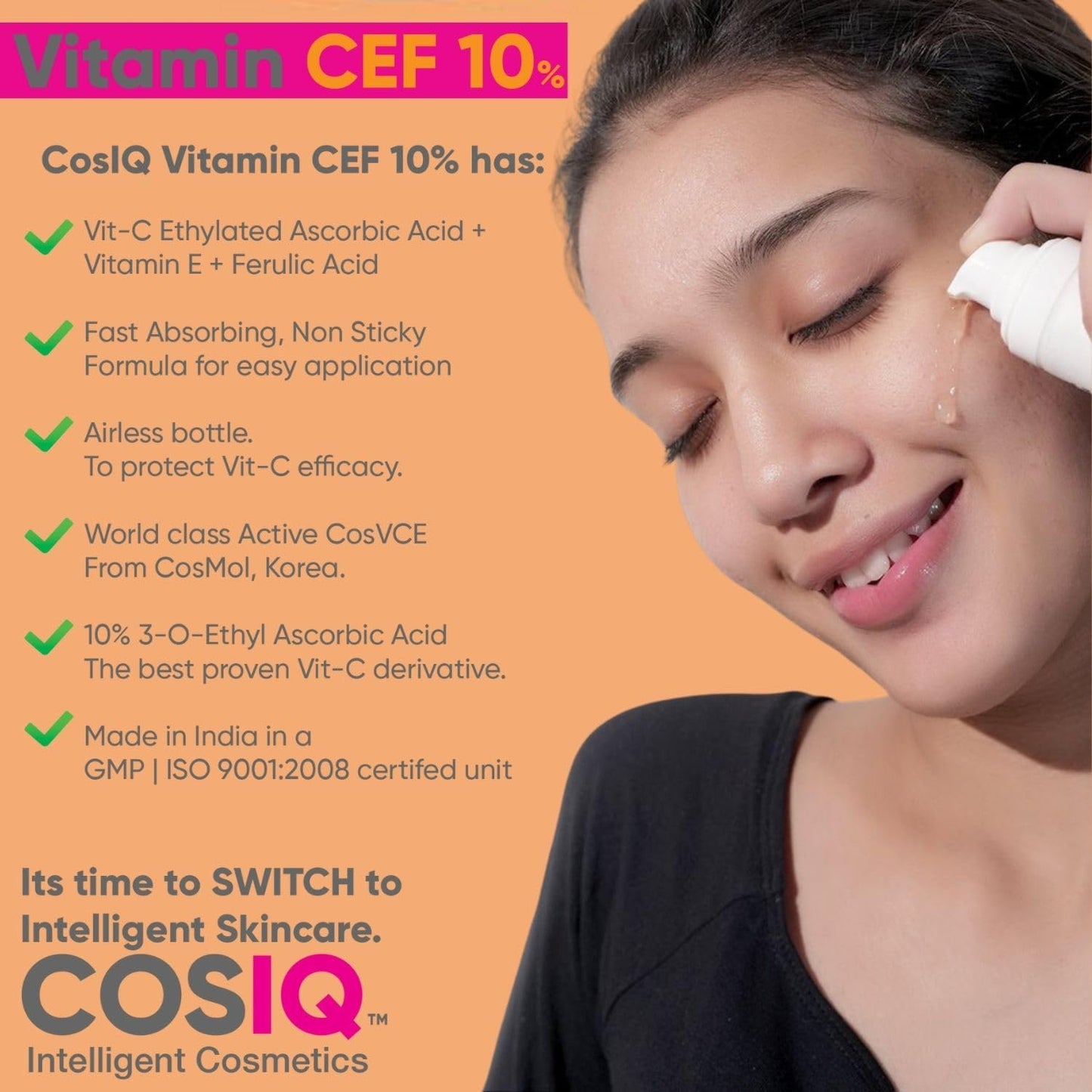 Cos-IQ 10% Vitamin C Face Serum With Vit E, & Ferulic Acid | Safe and Effective Skin Brightening Serum for Glowing Skin | 30ml