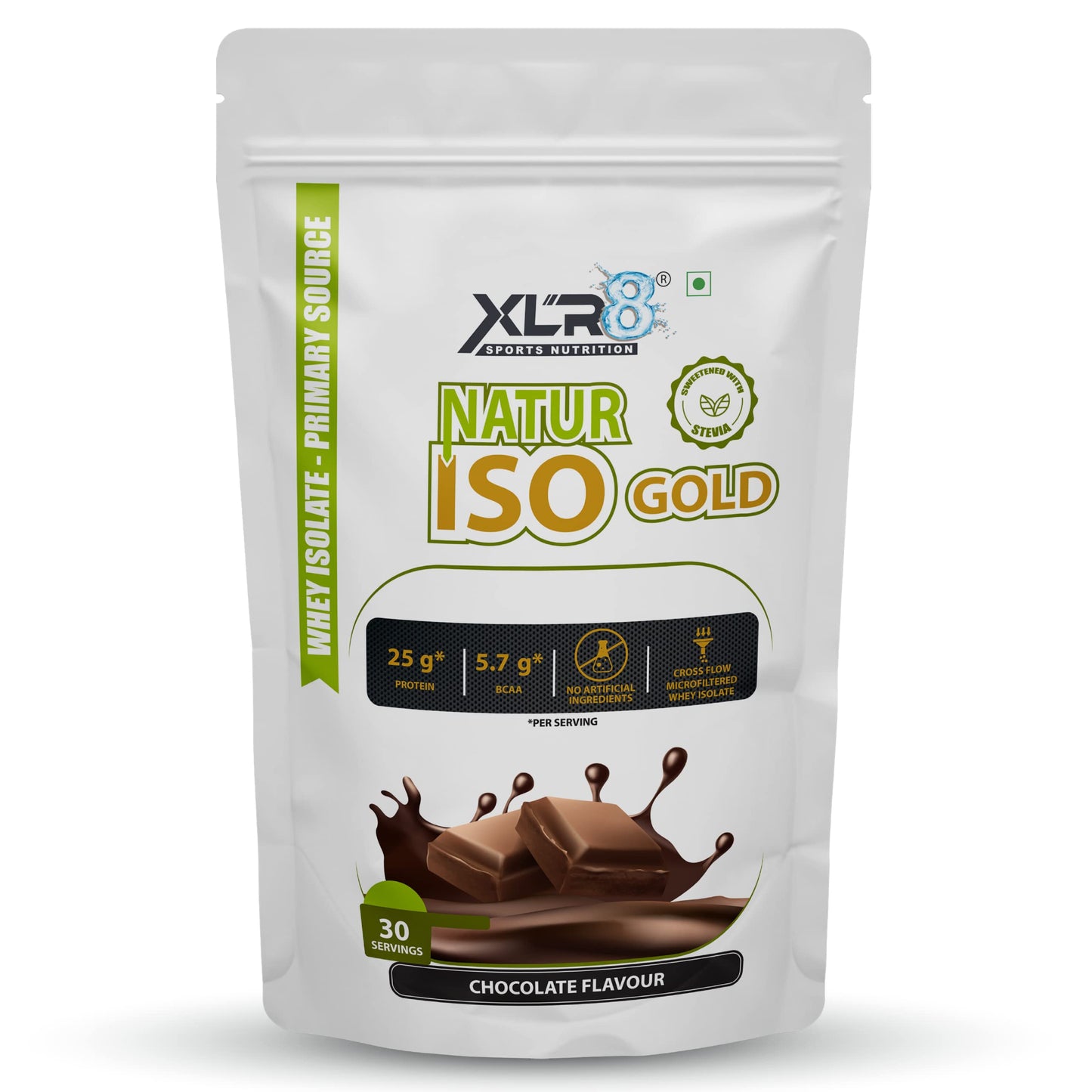 XLR8 Natur Iso Gold Whey Protein Isolate, 25g Protein, 5.7g BCAA, Sweetened with Stevia (Chocolate, 1Kg)