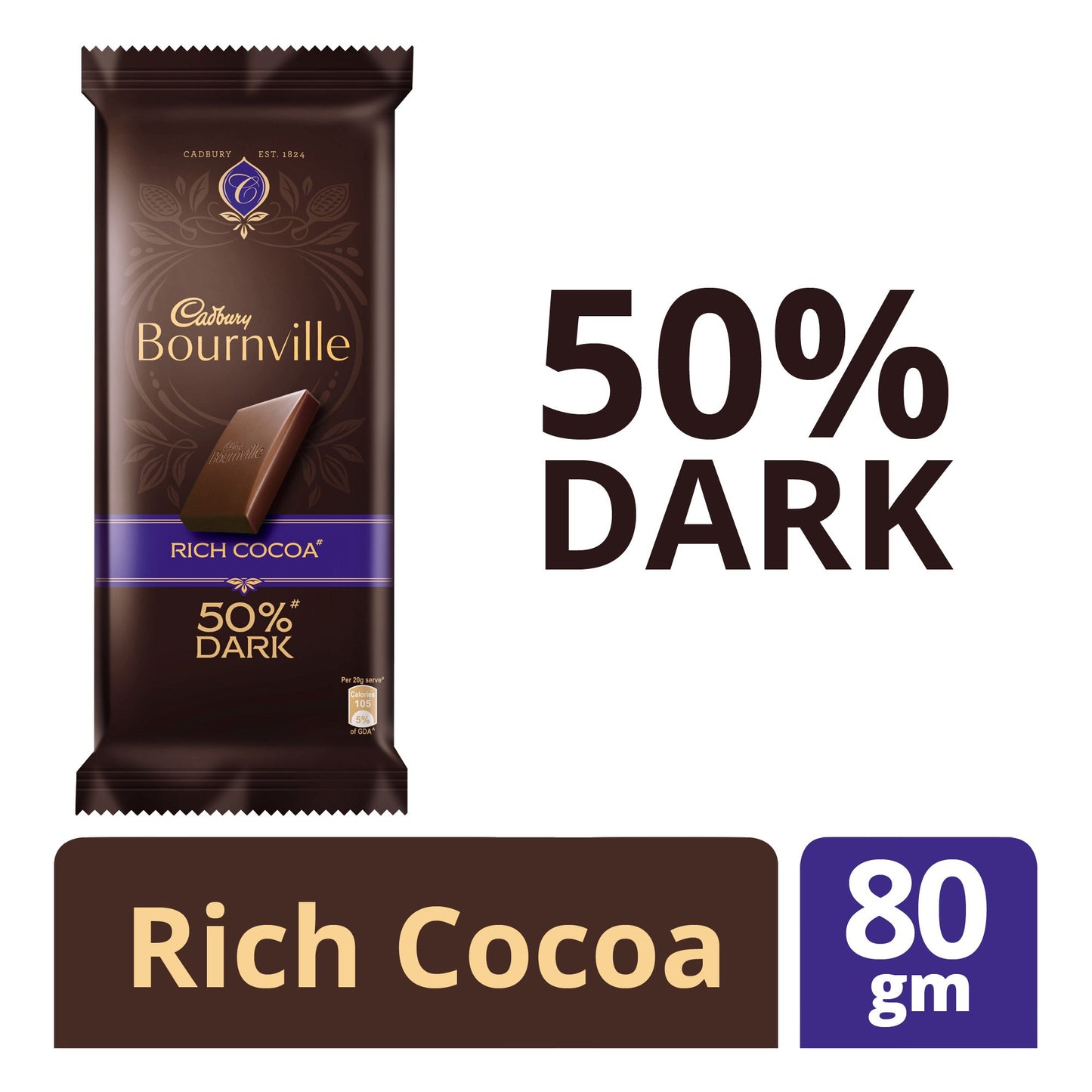 Cadbury Bournville Dark Chocolate Bar, Rich Cocoa, 80 g