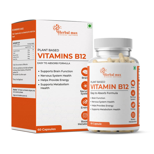 Herbal max Plant Based Vitamin B-12, 2.2mcg | 60 Veg Capsules | Boost Energy Level | Supports Healthous System & Brain Function | For Both Men & Women