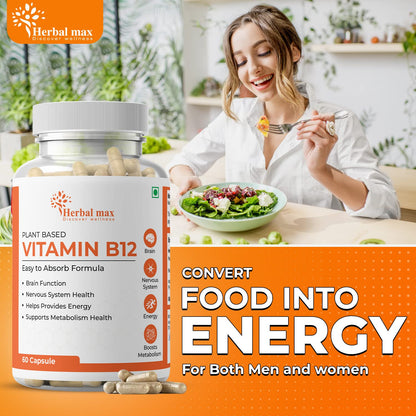 Herbal max Plant Based Vitamin B-12, 2.2mcg | 60 Veg Capsules | Boost Energy Level | Supports Healthous System & Brain Function | For Both Men & Women