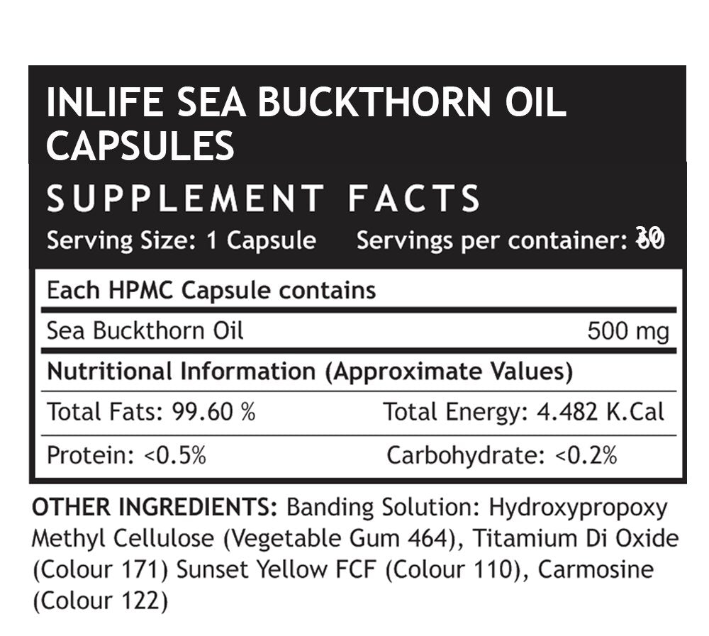Inlife Sea buckthorn Seed Oil Supplement 500 mg - 30 Vegetarian Capsules
