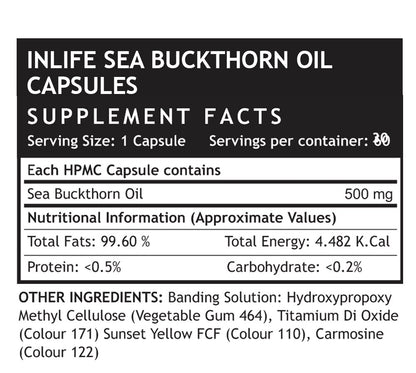 Inlife Sea buckthorn Seed Oil Supplement 500 mg - 30 Vegetarian Capsules