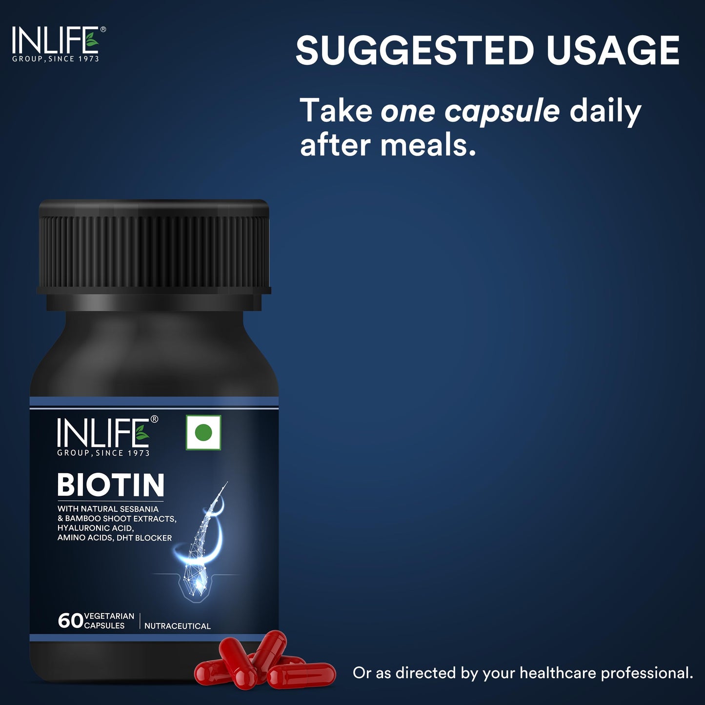 INLIFE Biotin Supplement for Hair | DHT Blocker with Sesbania, Bamboo Shoot, Bhringraj, Zinc, Vitamin - 60 Veg Capsules (Biotin with Herbs, Pack of 1)