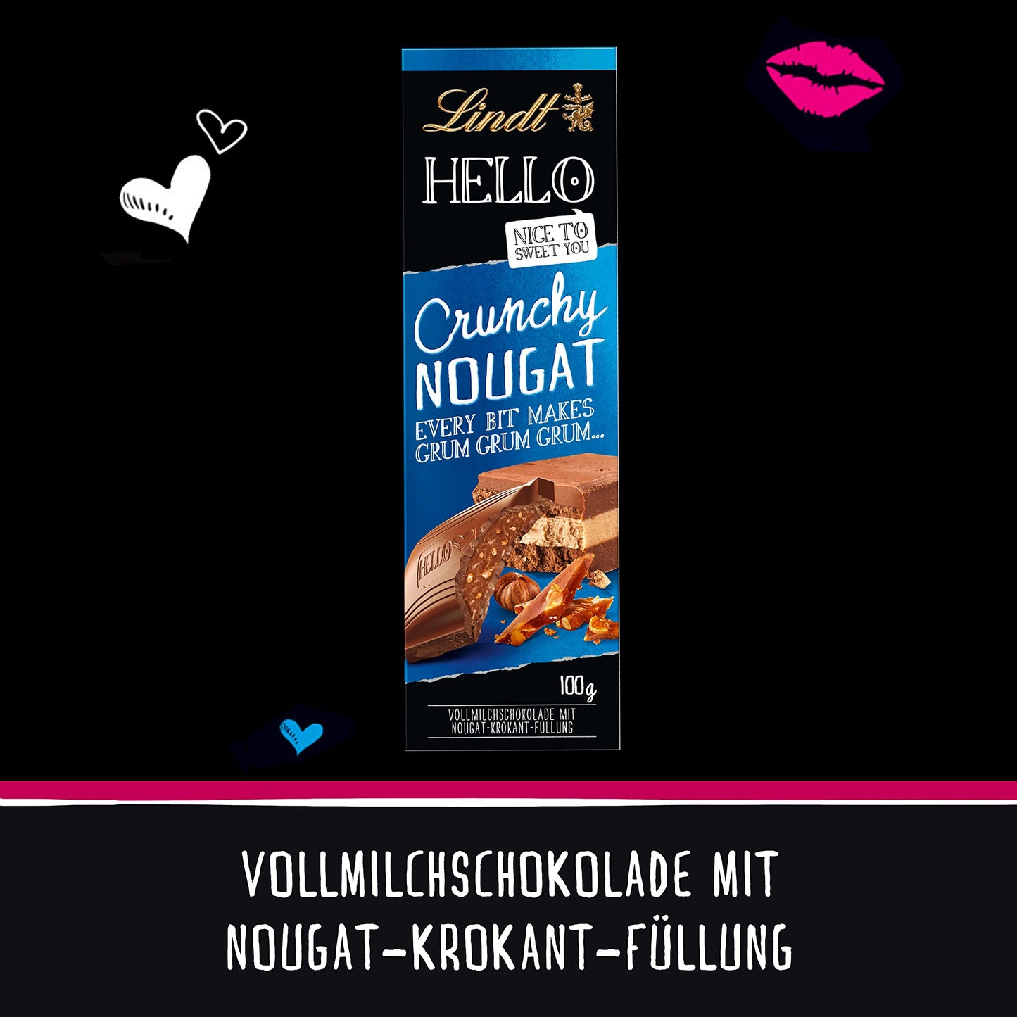 Lindt Hello Crunchy Nougat Milk Chocolate Bar Pouch, 100 g