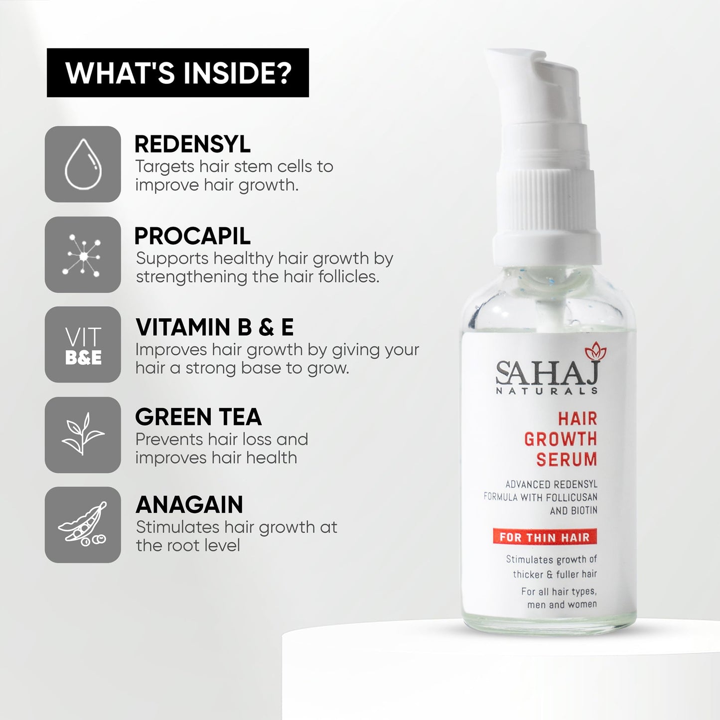 Sahaj Naturals Anti-Hair Loss Serum | Most Advanced formula of Redensyl, Procapil, Anagain with Aloe0+ Natural ingredients | For Women and Men | 60 ml