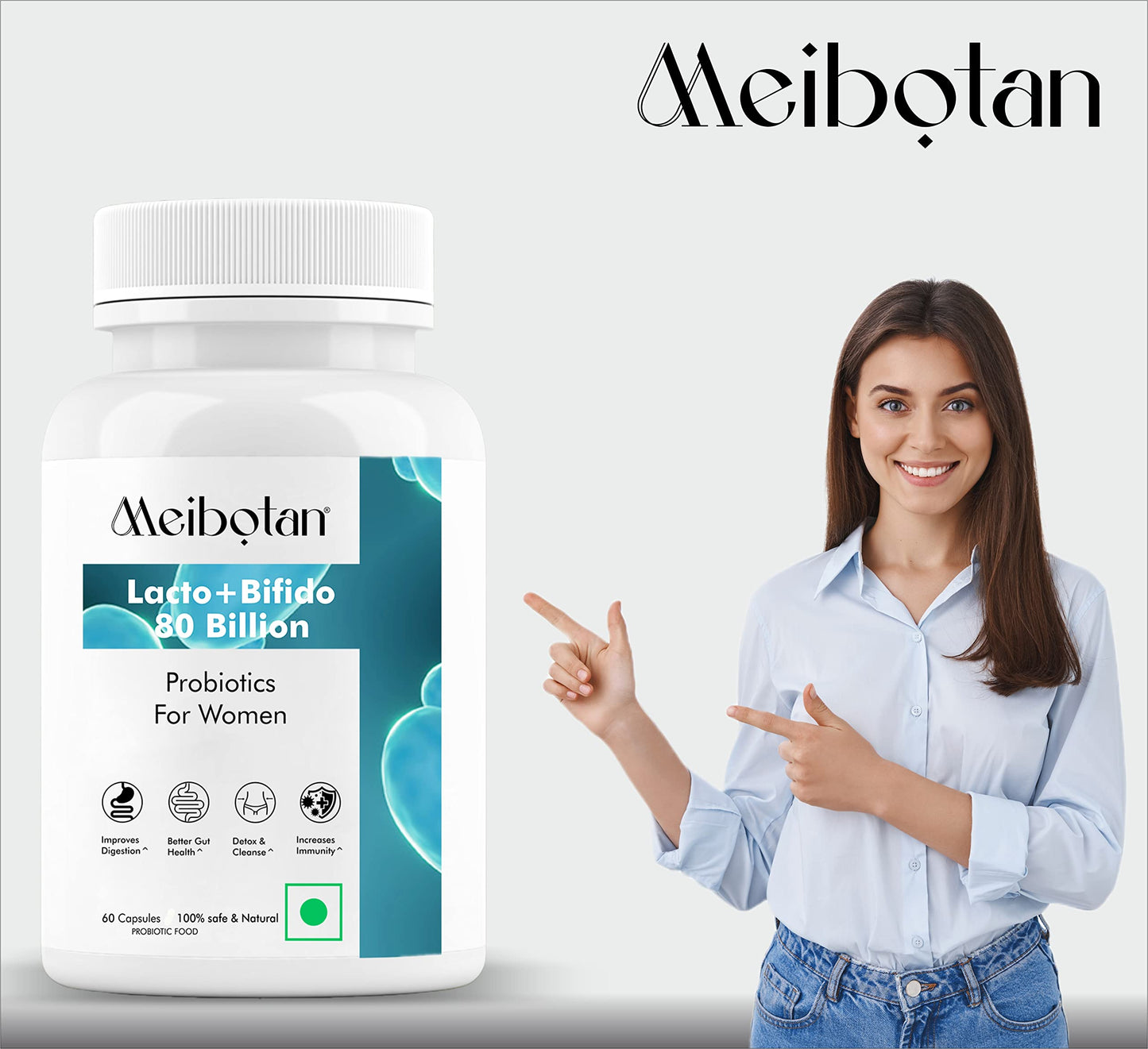 Meibotan Best Women Probiotics Designed by Scientist Lactobacillus with Bifidobacterium 16 Strains 8upport Detox & Cleanse 60 Veg Capsules (For Women)