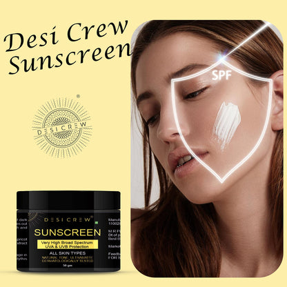 Desi Crew Daily Glow Sunscreen Cream Summer Indian Formula Very High Broad Spectrum UVA & UVB Protection - SPF 50 PA+++ (Pack of 1 Jar 50 gm)