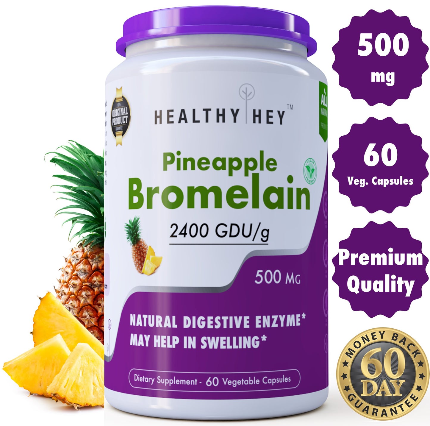 Healthyhey Nutrition Bromelain Digestive Enzyme - 2400 Gdu/G - 500 Mg 60 Veg Caps