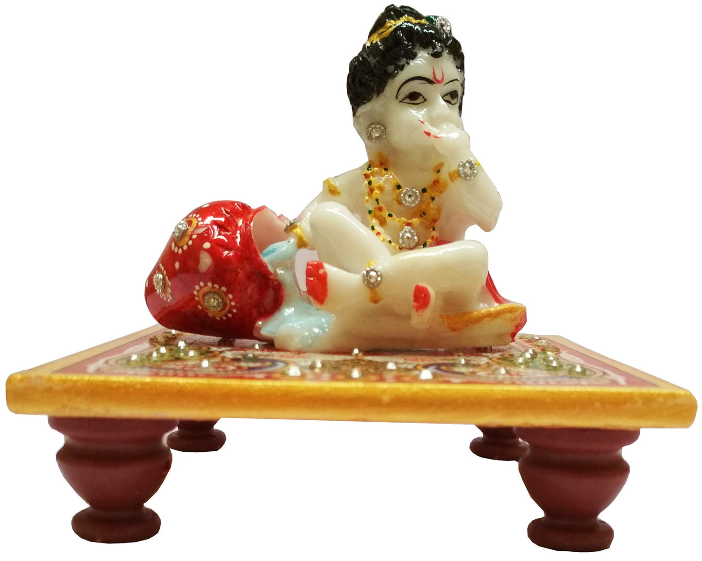 Purpledip Marble Statue Lord Krishna: Painted Makahan Chor Idol on Chowki (11566)