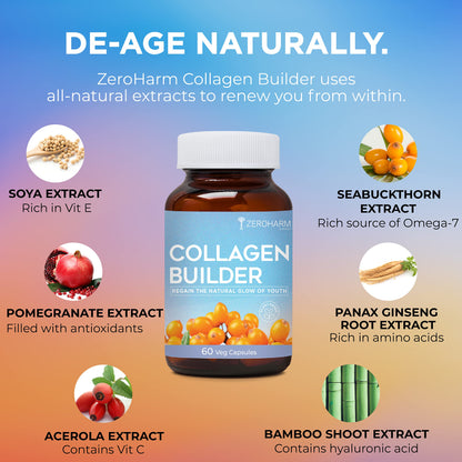 ZEROHARM Collagen Builder Anti-Aging Supplements For Women,Natural,Youthful Glow,Wrinkle-Free Skin,Pes Skin Elasticity,Silica&Hyaluronic Acid.,Capsule