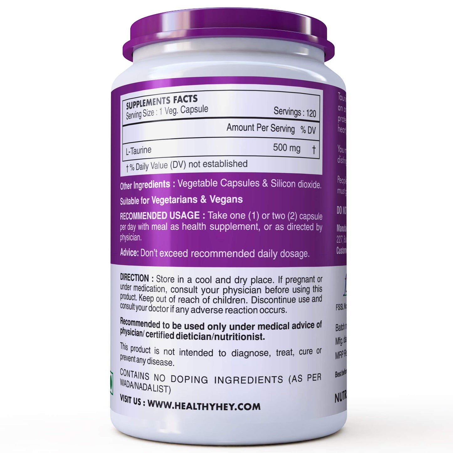 HealthyHey Nutrition L-Taurine (500 mg) Amino Acid Supplement -120 Vegetable Capsules