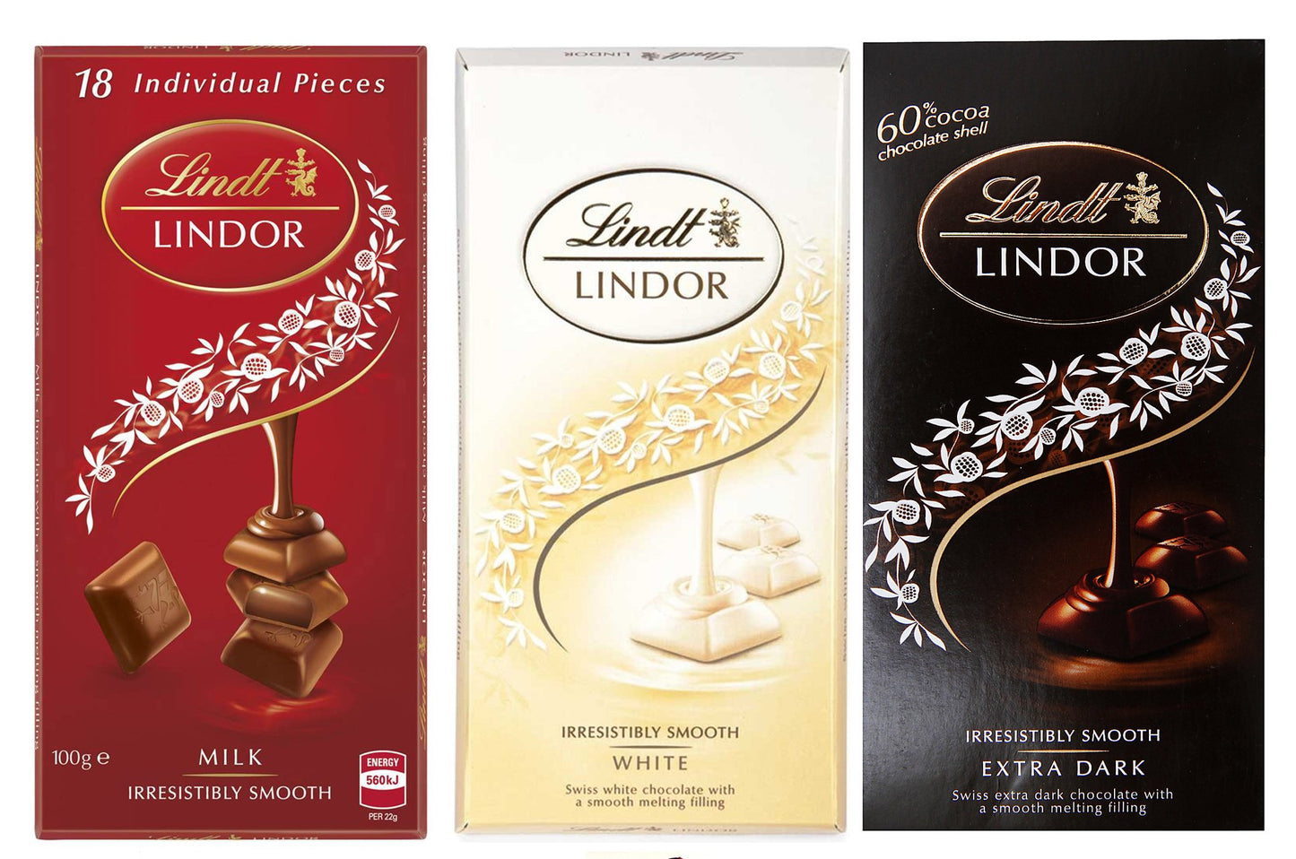 Lindt Lindor Combo of 3 Irresistibly Smooth Chocolates (White + Milk + Extra Dark) , 100gm