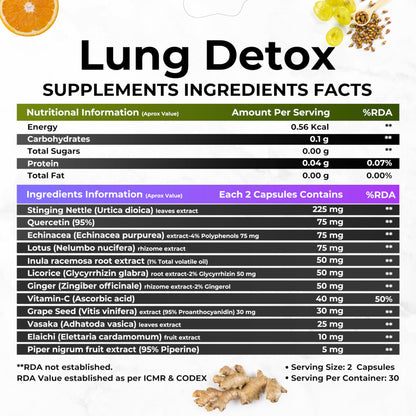 Health Veda Organics Lung Detox with Vitamin C & Grape Seed Extract | 60 Veg Capsules | Supports Heaication of Lungs & Immunity | For Both Men & Women