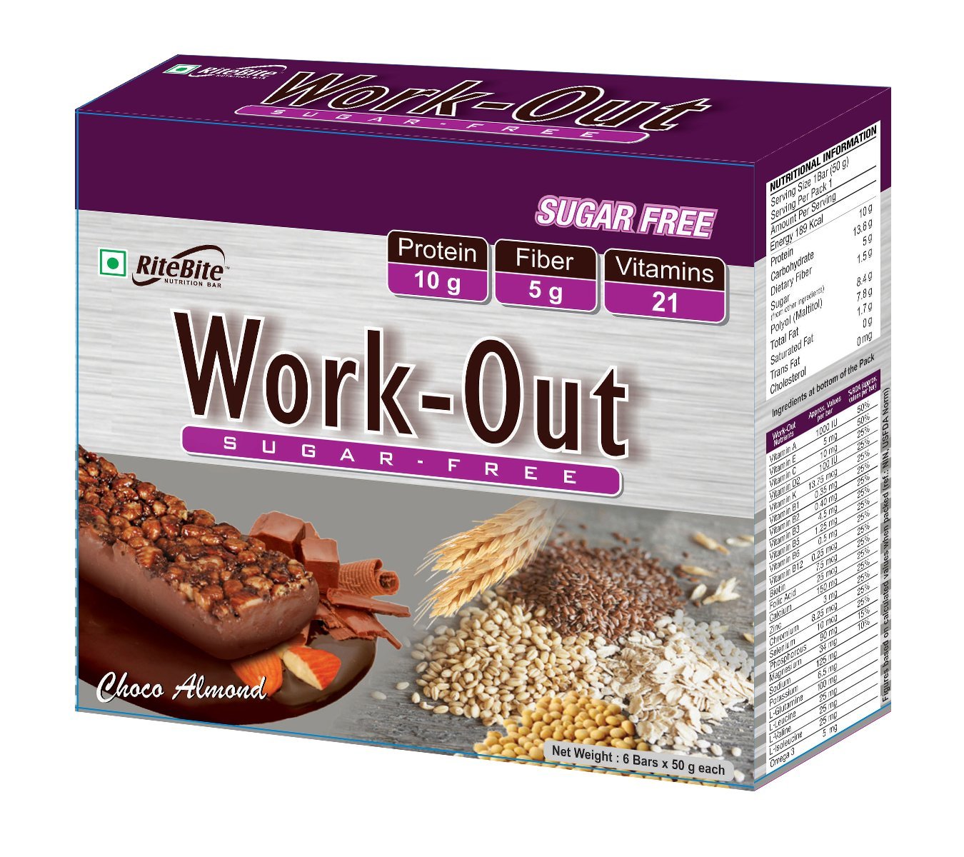 RiteBite Max Protein Work-Out Choco Almond Bars - 50g (Pack of 6)