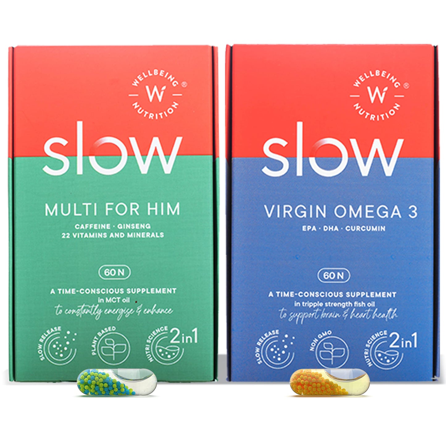 Wellbeing Nutrition Slow | Multivitamin and Fish Oil Combo | Plant Based 100% RDA of 22 essential Vi40mg Omega-3 | EPA, DHA & Curcumin (60x2 Capsules)