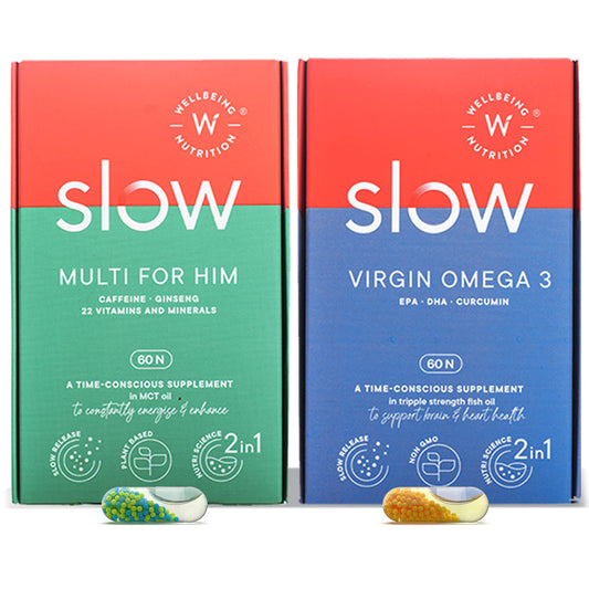 Wellbeing Nutrition Slow | Multivitamin and Fish Oil Combo | Plant Based 100% RDA of 22 essential Vi40mg Omega-3 | EPA, DHA & Curcumin (60x2 Capsules)