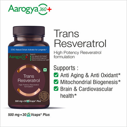 Aarogya360 Pure Trans Resveratrol 500 mg With BioPerine Anti Aging Skin Care Antioxidant Supplement  Support 30 Veg Capsules | for Superior Absorption