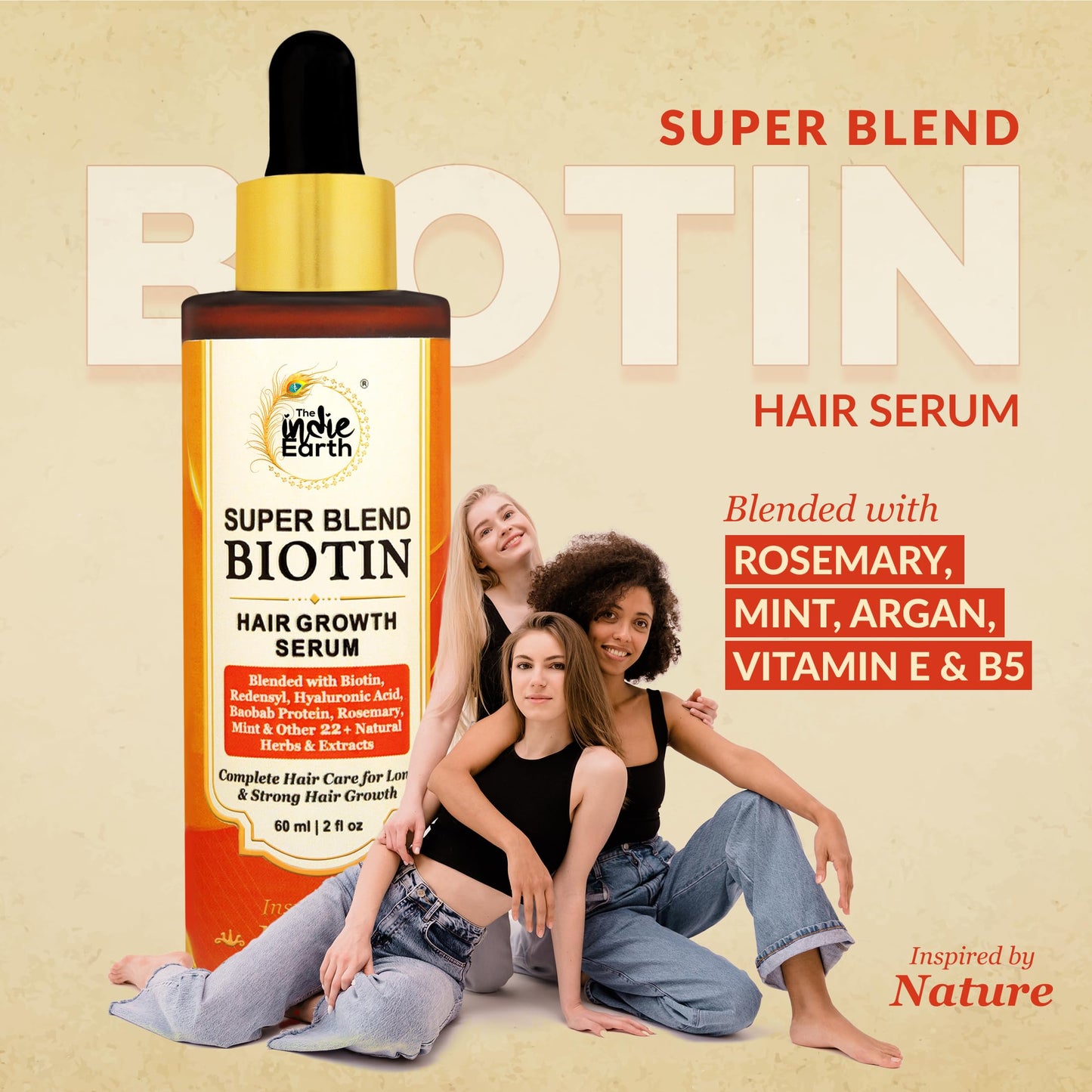 The Indie Earth Rosemary Mint Biotin Hair Serum Formulated With Biotin, Hyaluronic Acid, Baobab Proty, Mint & Other 22+ Natural Herbs & Extracts 60 ml